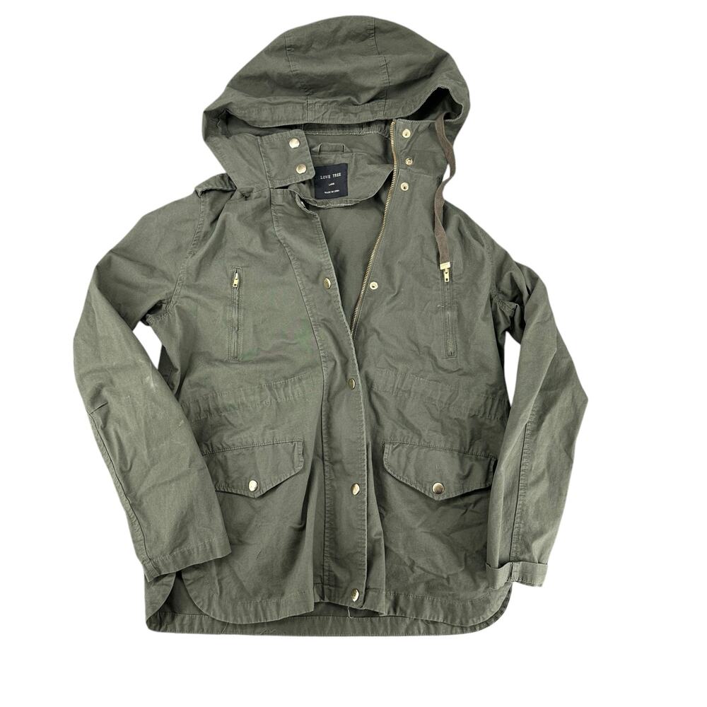 Love Tree Army Green Cargo Jacket Hooded Zipper Pockets Large Streetwear Casual
